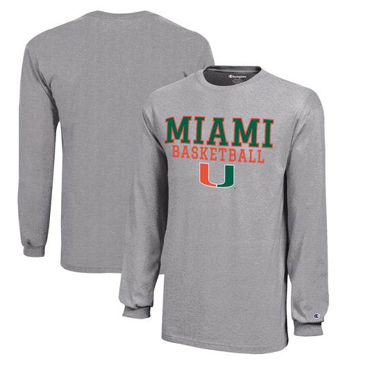 Youth Champion  Gray Miami Hurricanes Stacked Logo Long Sleeve Basketball T-Shirt