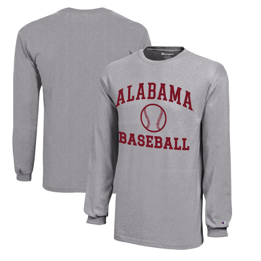 Youth Champion  Gray Alabama Crimson Tide Icon Logo Long Sleeve Baseball T-Shirt