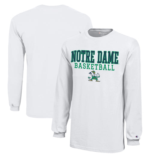 Youth Champion  White Notre Dame Fighting Irish Stacked Logo Long Sleeve Basketball T-Shirt