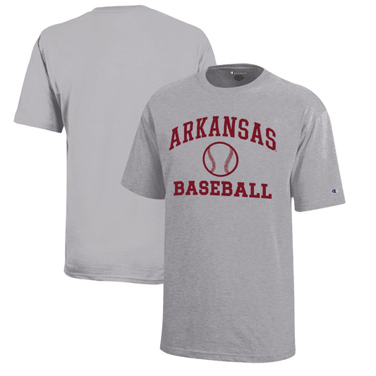 Youth Champion  Gray Arkansas Razorbacks Icon Logo Baseball T-Shirt