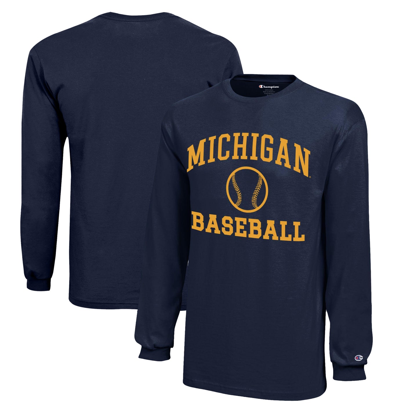 Youth Champion  Navy Michigan Wolverines Icon Logo Long Sleeve Baseball T-Shirt