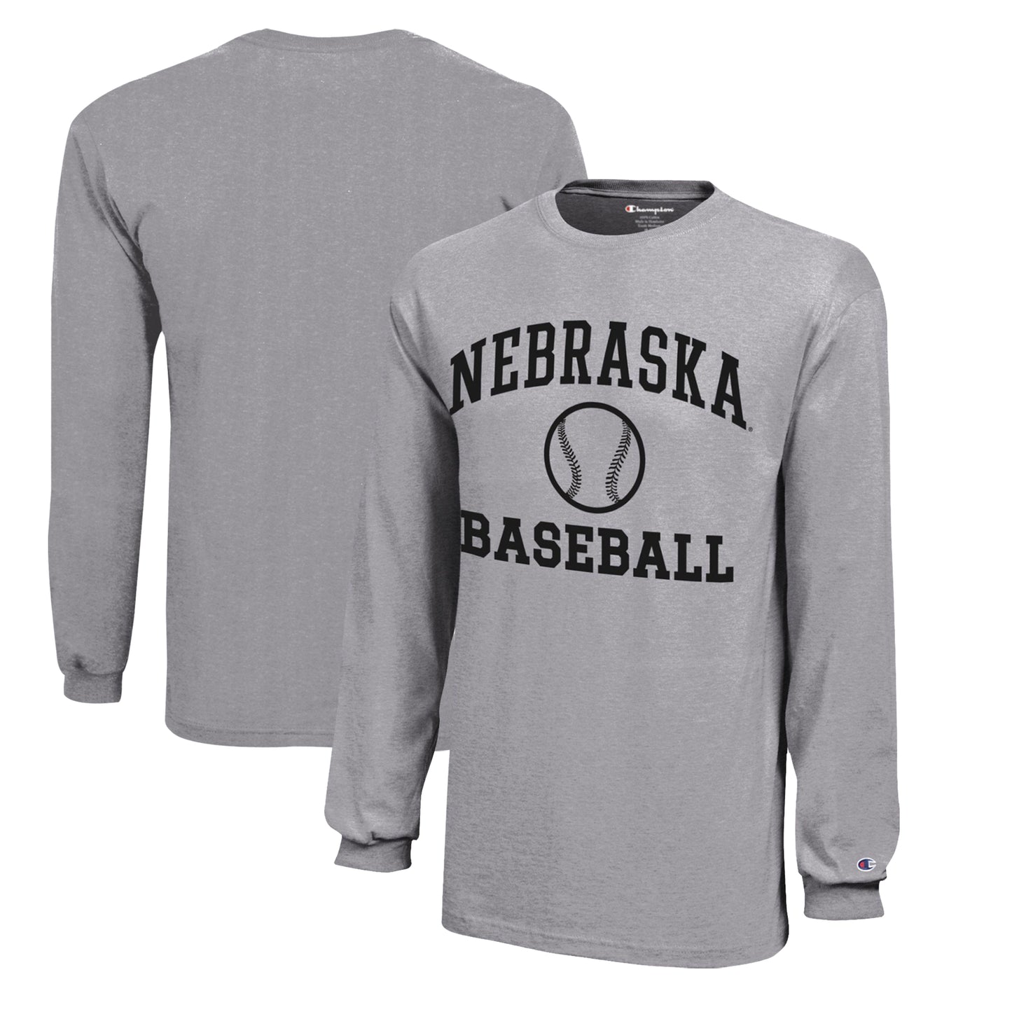 Youth Champion  Gray Nebraska Huskers Icon Logo Long Sleeve Baseball T-Shirt