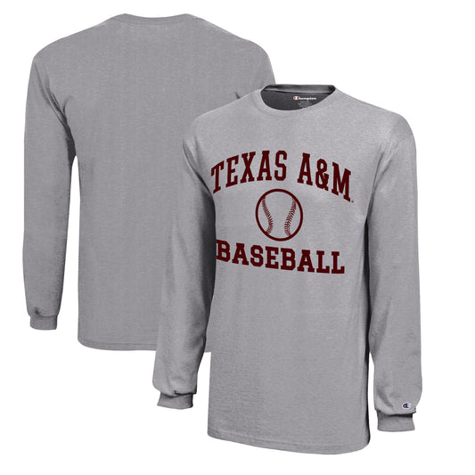 Youth Champion  Gray Texas A&M Aggies Icon Logo Long Sleeve Baseball T-Shirt