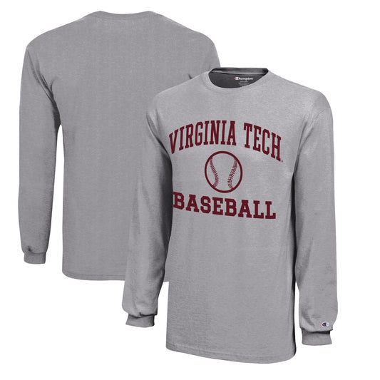 Youth Champion  Gray Virginia Tech Hokies Icon Logo Long Sleeve Baseball T-Shirt