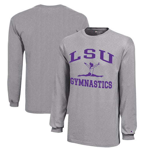 Youth Champion  Gray LSU Tigers Icon Logo Long Sleeve Gymnastics T-Shirt