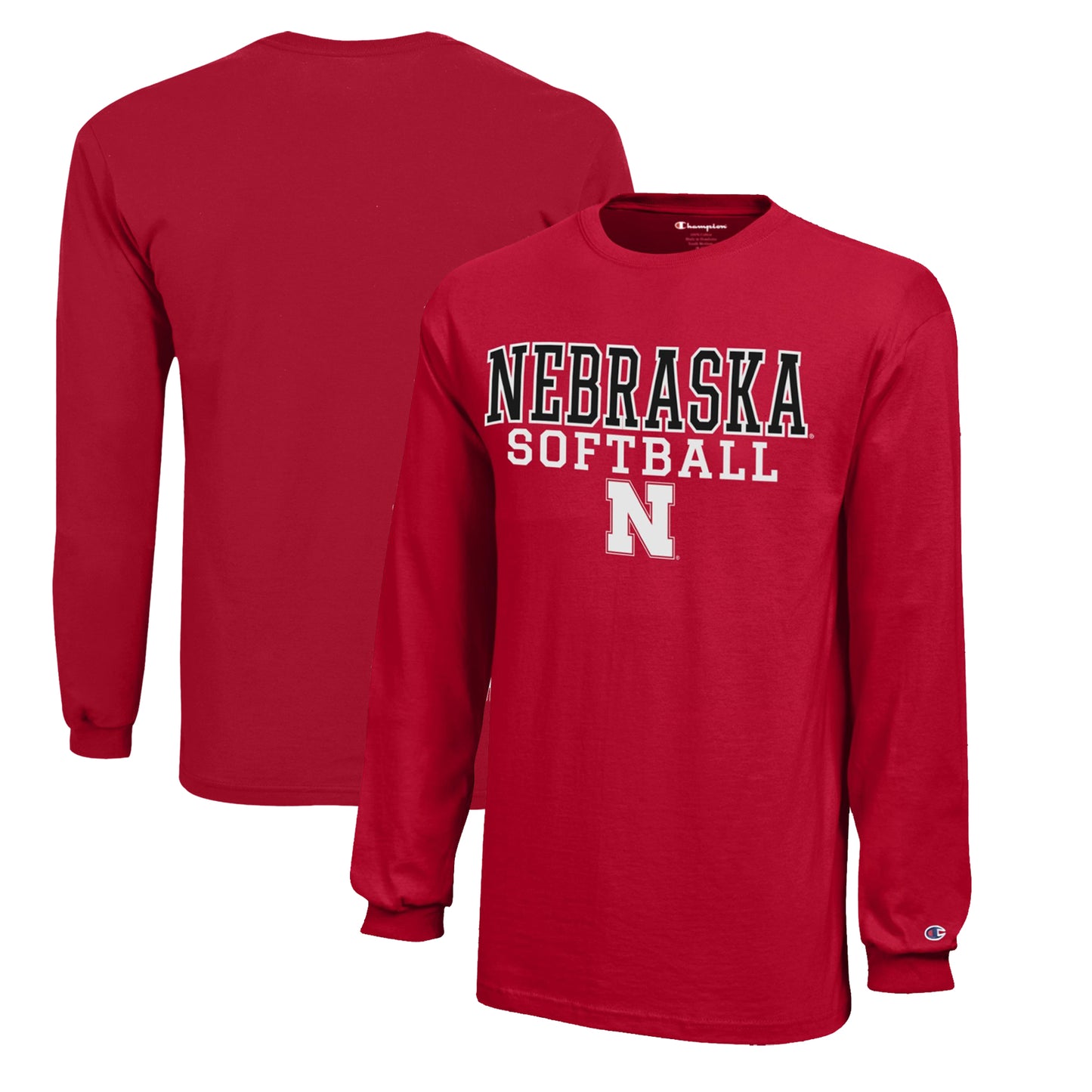 Youth Champion Scarlet Nebraska Huskers Stacked Logo Long Sleeve Softball T-Shirt