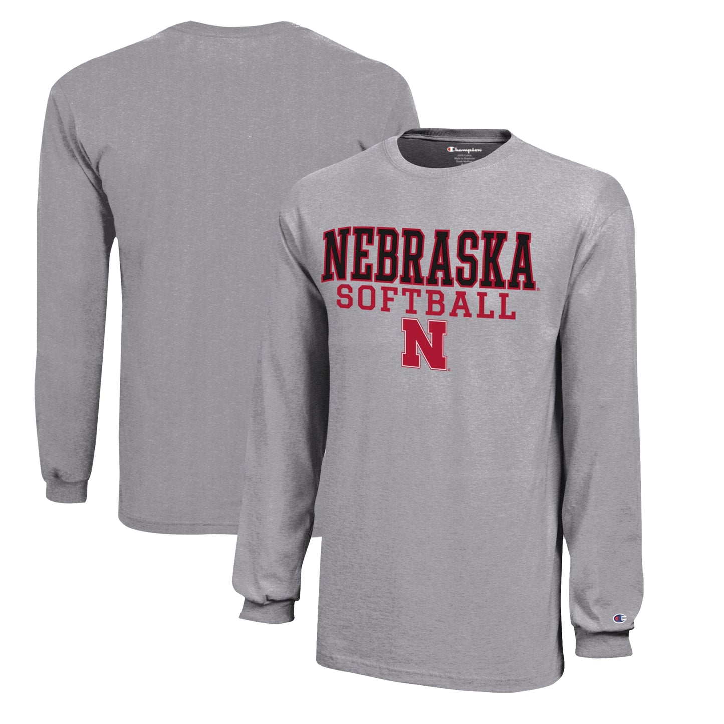 Youth Champion  Gray Nebraska Huskers Stacked Logo Long Sleeve Softball T-Shirt