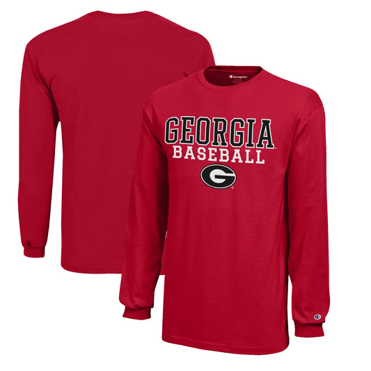 Youth Champion  Red Georgia Bulldogs Stacked Logo Long Sleeve Baseball T-Shirt