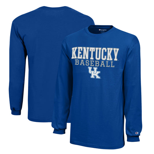 Youth Champion  Royal Kentucky Wildcats Stacked Logo Long Sleeve Baseball T-Shirt