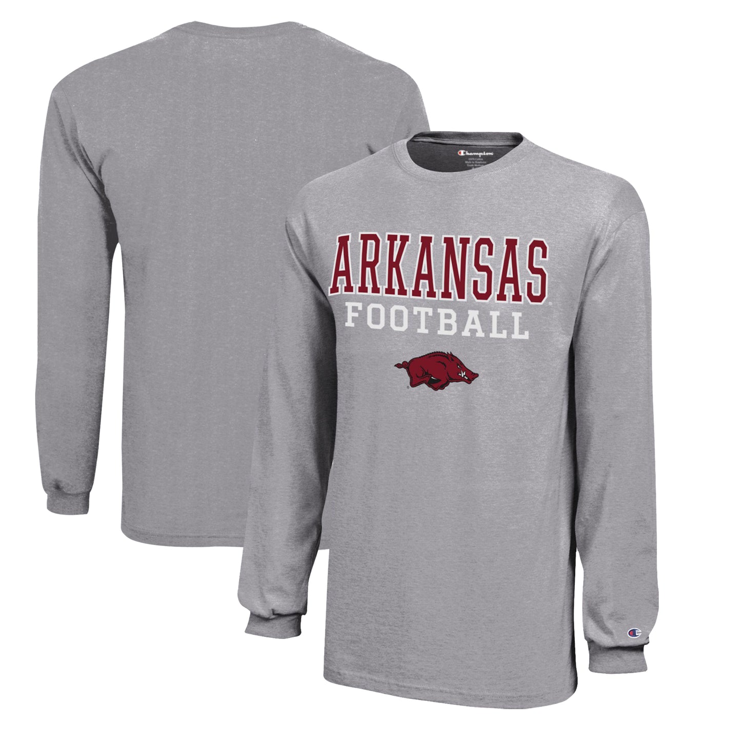 Youth Champion  Gray Arkansas Razorbacks Stacked Logo Long Sleeve Football T-Shirt