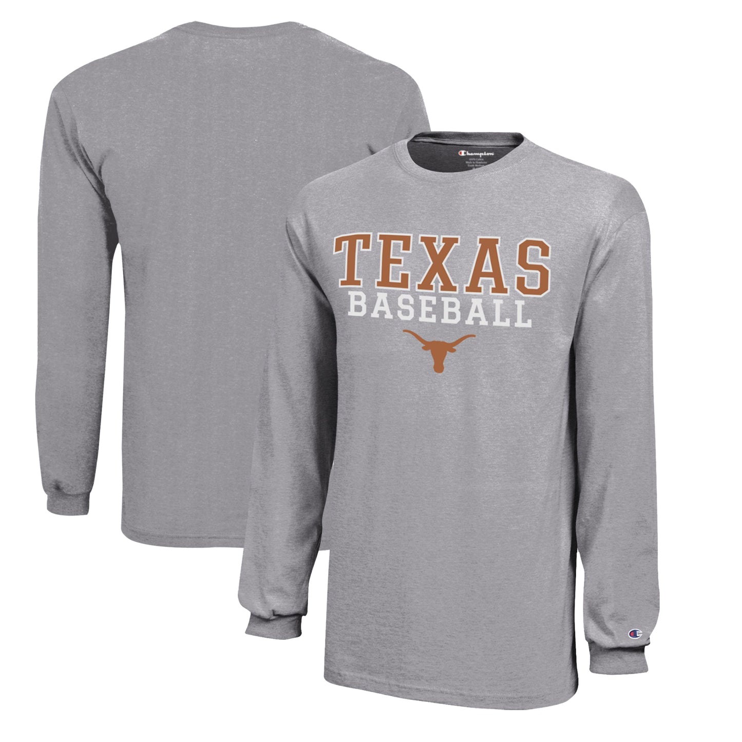 Youth Champion  Gray Texas Longhorns Stacked Logo Long Sleeve Baseball T-Shirt