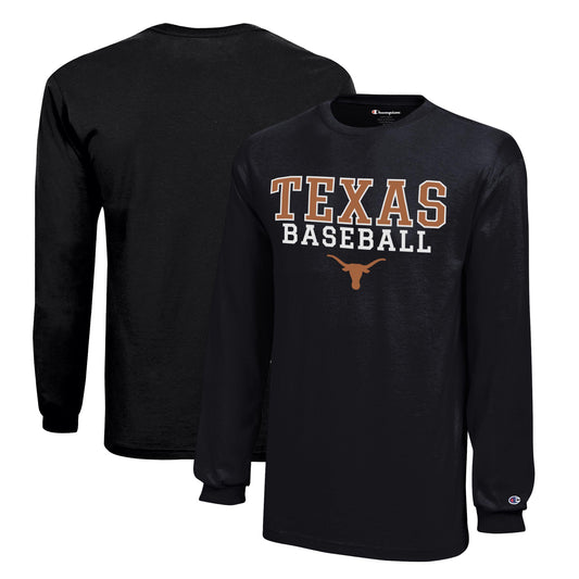 Youth Champion  Black Texas Longhorns Stacked Logo Long Sleeve Baseball T-Shirt