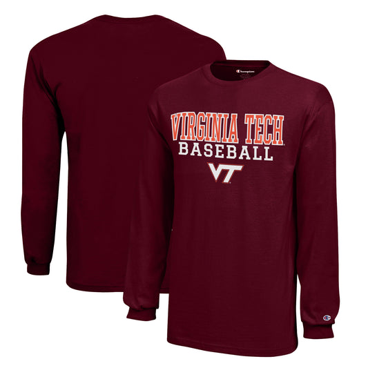 Youth Champion  Maroon Virginia Tech Hokies Stacked Logo Long Sleeve Baseball T-Shirt