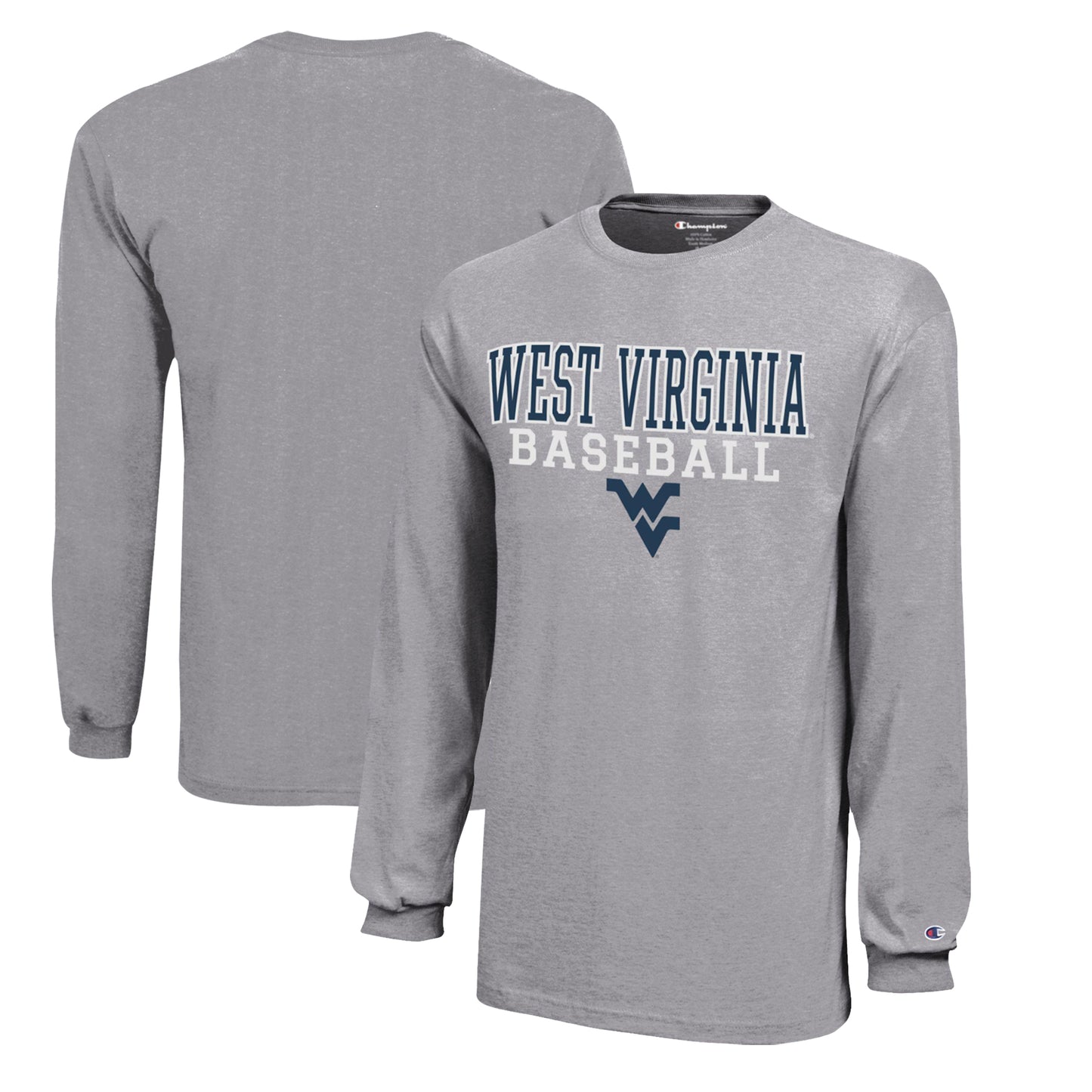 Youth Champion  Gray West Virginia Mountaineers Stacked Logo Long Sleeve Baseball T-Shirt