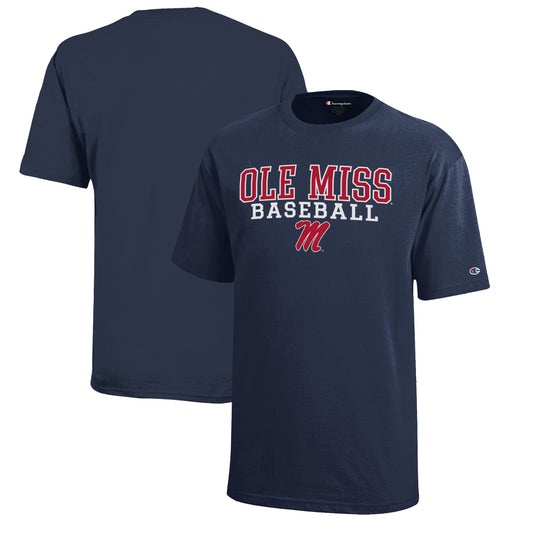 Youth Champion  Navy Ole Miss Rebels Stacked Logo Baseball T-Shirt