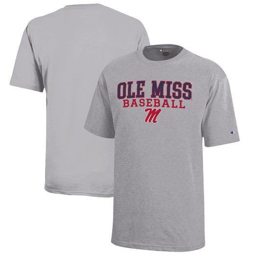 Youth Champion  Gray Ole Miss Rebels Stacked Logo Baseball T-Shirt