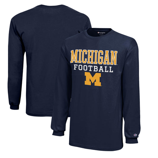 Youth Champion  Navy Michigan Wolverines Stacked Logo Long Sleeve Football T-Shirt