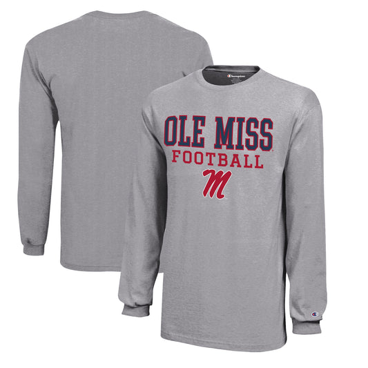 Youth Champion  Gray Ole Miss Rebels Stacked Logo Long Sleeve Football T-Shirt