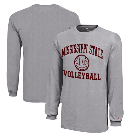 Youth Champion  Gray Mississippi State Bulldogs Icon Logo Long Sleeve Volleyball T-Shirt