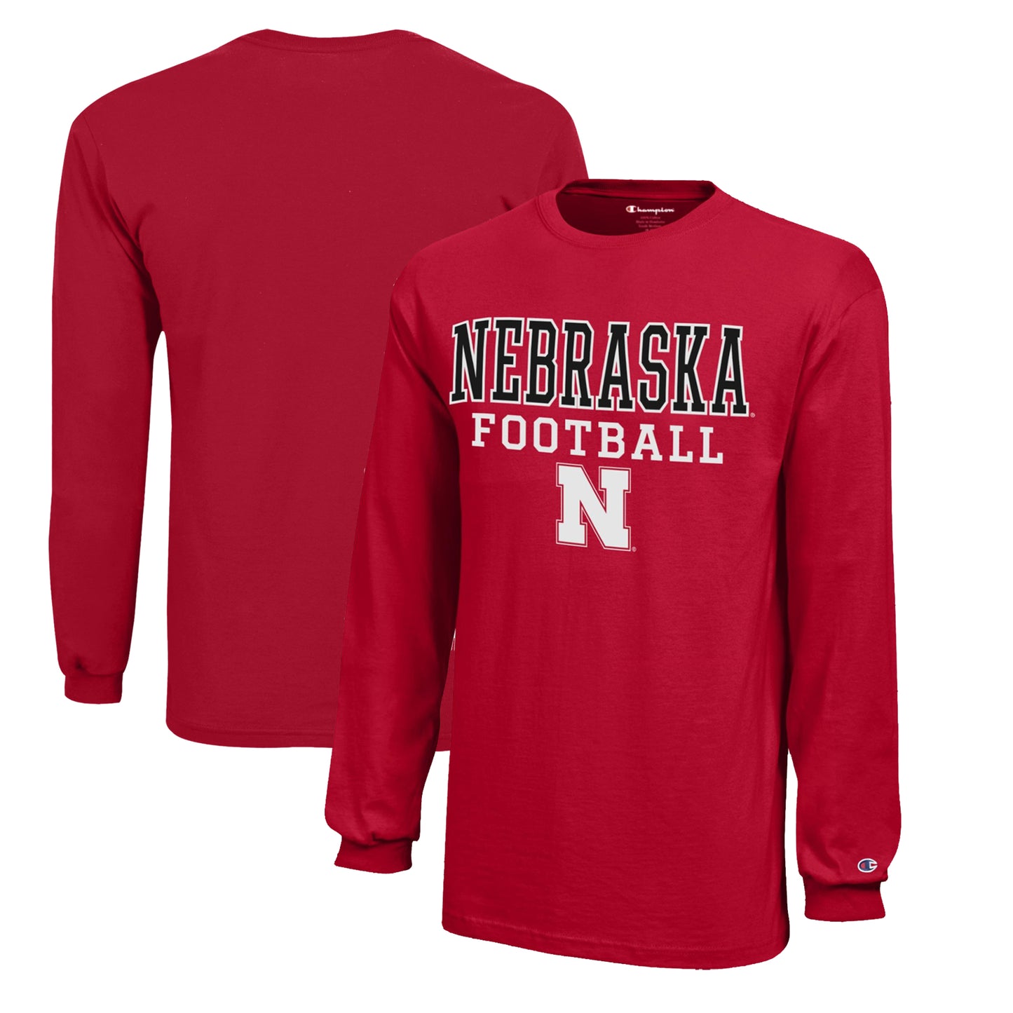 Youth Champion Scarlet Nebraska Huskers Stacked Logo Long Sleeve Football T-Shirt