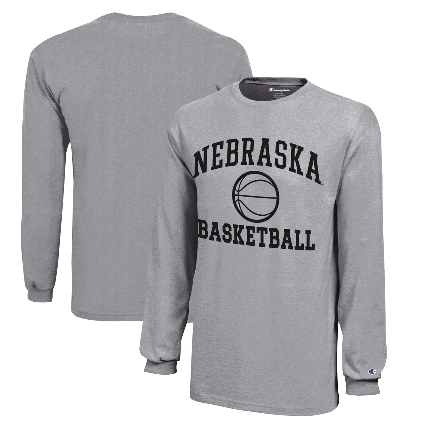 Youth Champion  Gray Nebraska Huskers Icon Logo Long Sleeve Basketball T-Shirt