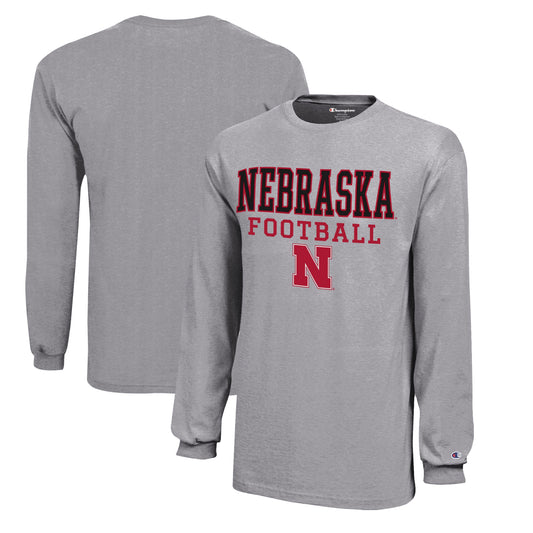 Youth Champion  Gray Nebraska Huskers Stacked Logo Long Sleeve Football T-Shirt