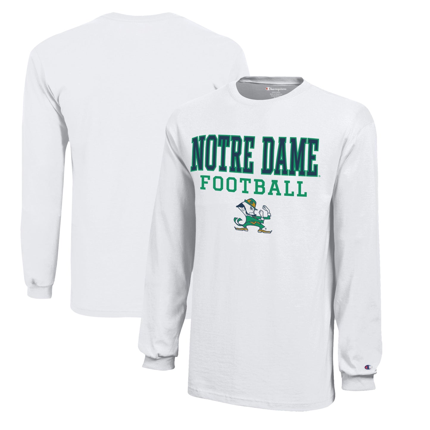 Youth Champion  White Notre Dame Fighting Irish Stacked Logo Long Sleeve Football T-Shirt