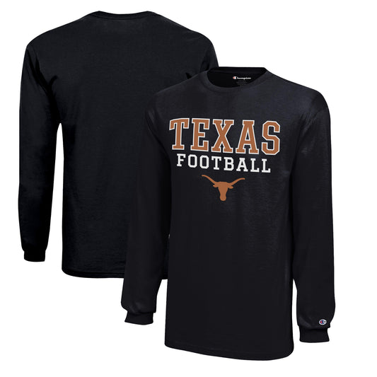 Youth Champion  Black Texas Longhorns Stacked Logo Long Sleeve Football T-Shirt