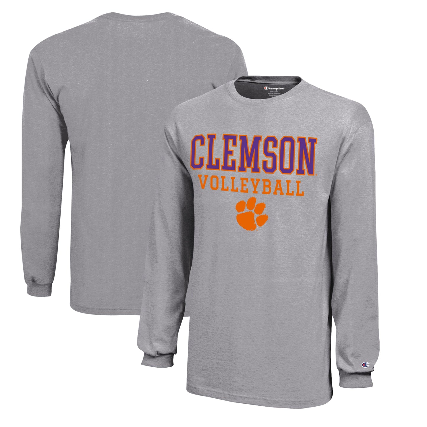 Youth Champion  Gray Clemson Tigers Stacked Logo Long Sleeve Volleyball T-Shirt