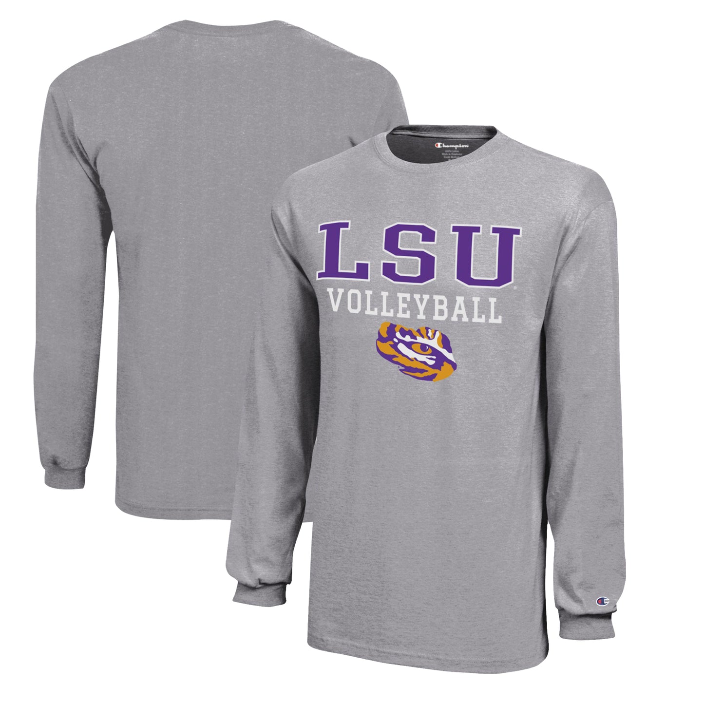 Youth Champion  Gray LSU Tigers Stacked Logo Long Sleeve Volleyball T-Shirt