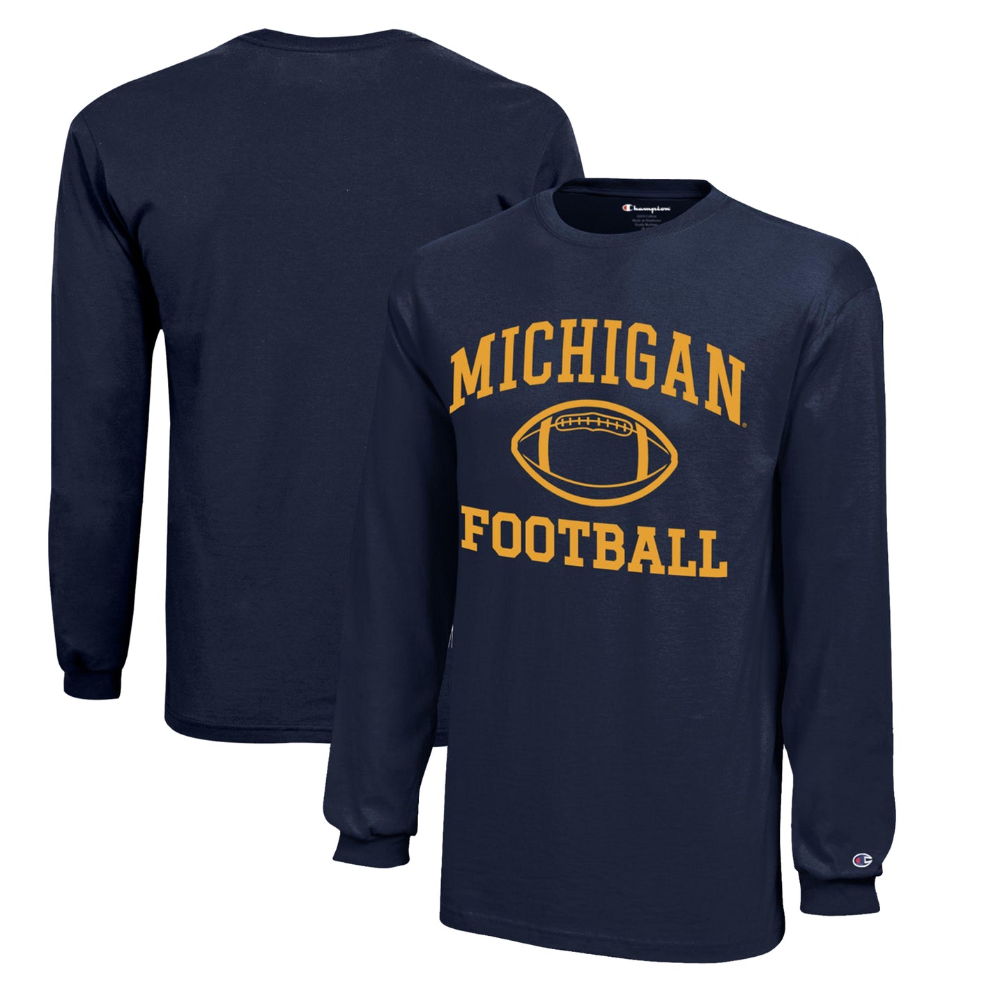 Youth Champion  Navy Michigan Wolverines Icon Logo Long Sleeve Football T-Shirt