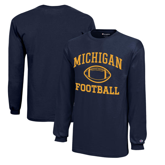 Youth Champion  Navy Michigan Wolverines Icon Logo Long Sleeve Football T-Shirt