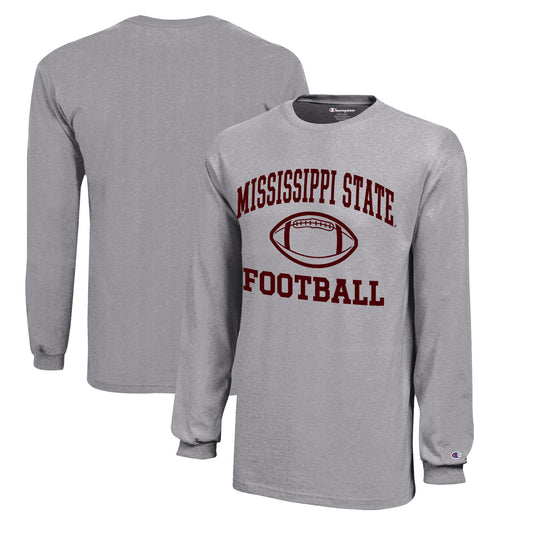 Youth Champion  Gray Mississippi State Bulldogs Icon Logo Long Sleeve Football T-Shirt