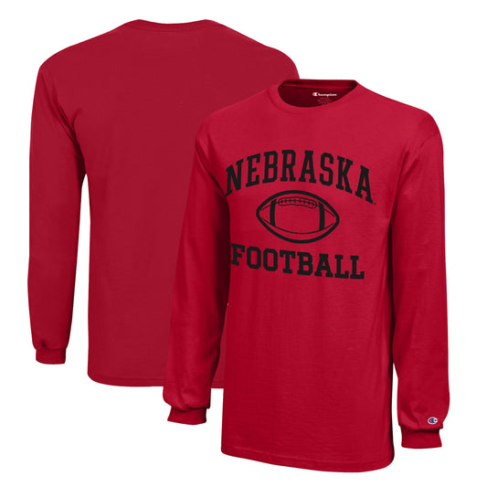 Youth Champion Scarlet Nebraska Huskers Icon Logo Long Sleeve Football T-Shirt