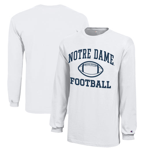 Youth Champion  White Notre Dame Fighting Irish Icon Logo Long Sleeve Football T-Shirt