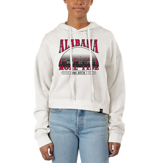 Women's Uscape Apparel Cream Alabama Crimson Tide Pigment Dyed Local Skyline Fleece Cropped Pullover Hoodie