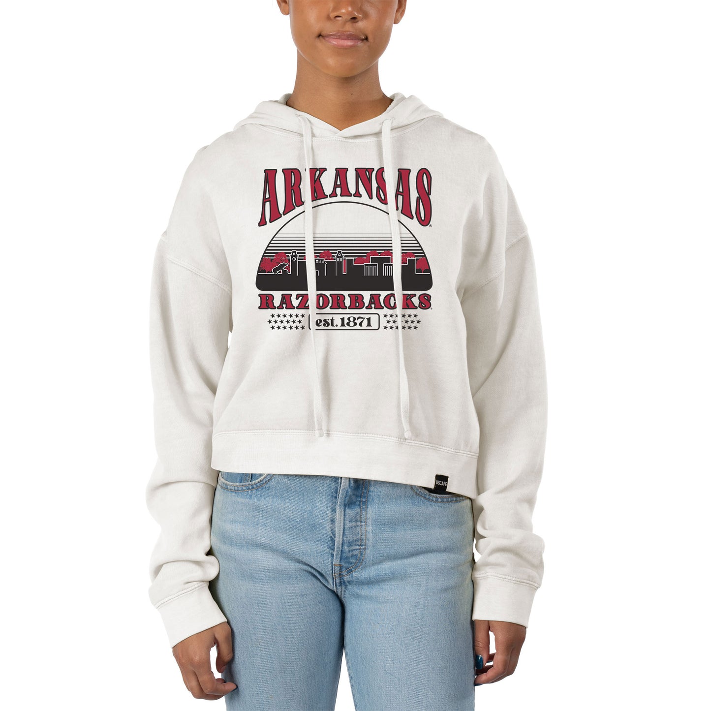 Women's Uscape Apparel Cream Arkansas Razorbacks Pigment Dyed Local Skyline Fleece Cropped Pullover Hoodie