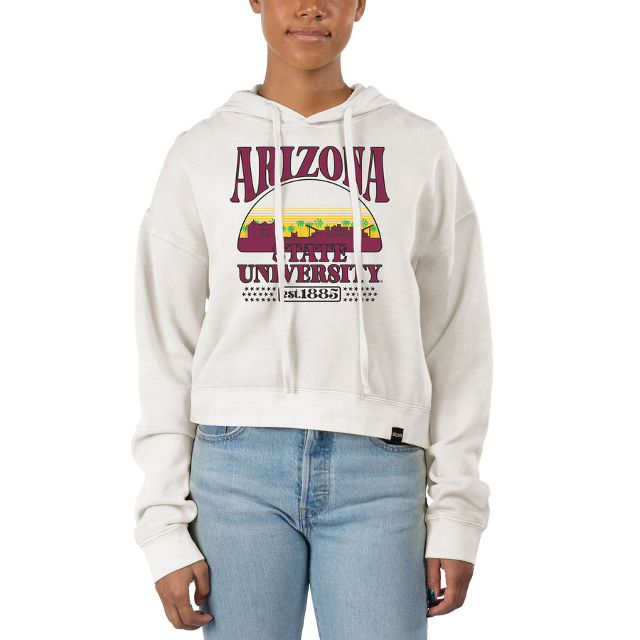 Women's Uscape Apparel Cream Arizona State Sun Devils Pigment Dyed Local Skyline Fleece Cropped Pullover Hoodie