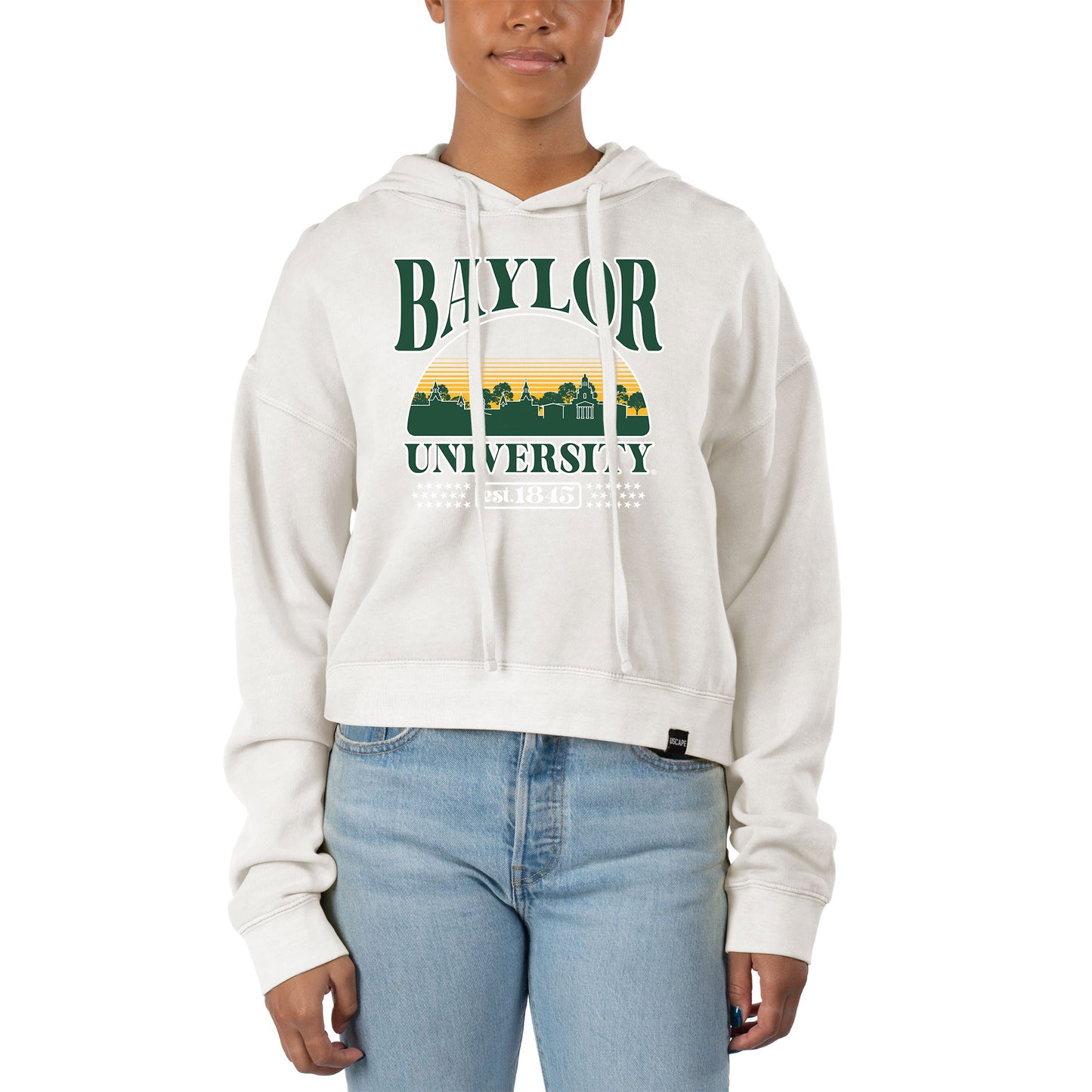 Women's Uscape Apparel Cream Baylor Bears Pigment Dyed Local Skyline Fleece Cropped Pullover Hoodie