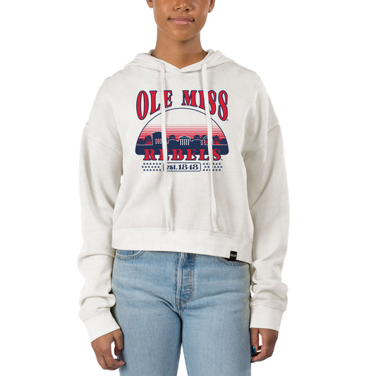 Women's Uscape Apparel Cream Ole Miss Rebels Pigment Dyed Local Skyline Fleece Cropped Pullover Hoodie