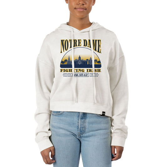 Women's Uscape Apparel Cream Notre Dame Fighting Irish Pigment Dyed Local Skyline Fleece Cropped Pullover Hoodie