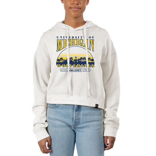 Women's Uscape Apparel Cream Michigan Wolverines Pigment Dyed Local Skyline Fleece Cropped Pullover Hoodie