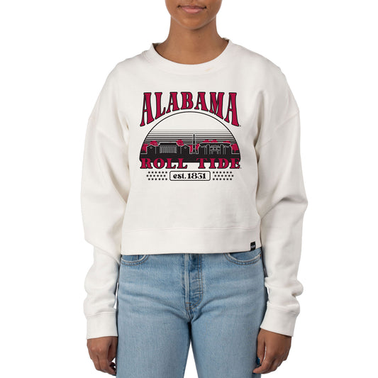 Women's Uscape Apparel Cream Alabama Crimson Tide Pigment Dyed Local Skyline Fleece Crop Crewneck Sweatshirt