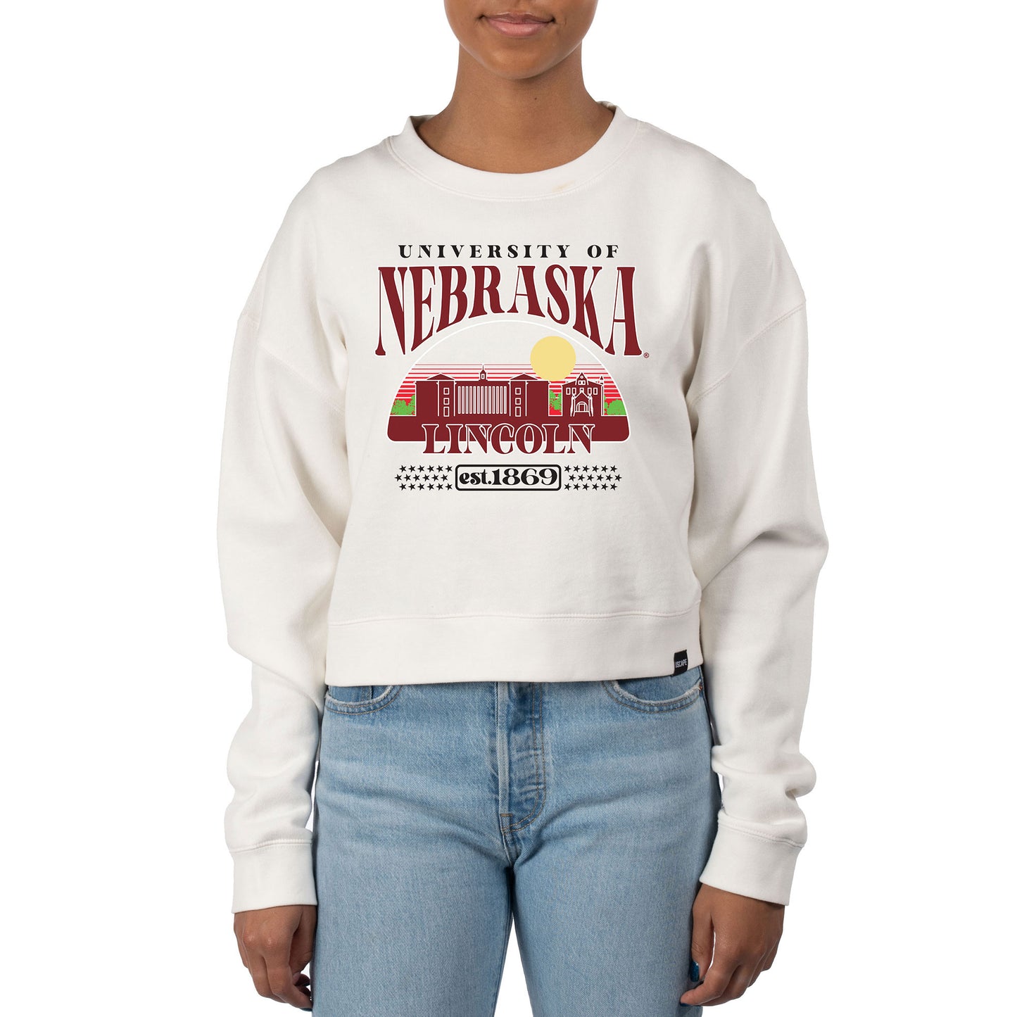 Women's Uscape Apparel Cream Nebraska Huskers Pigment Dyed Local Skyline Fleece Crop Crewneck Sweatshirt