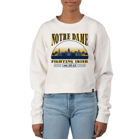 Women's Uscape Apparel Cream Notre Dame Fighting Irish Pigment Dyed Local Skyline Fleece Crop Crewneck Sweatshirt