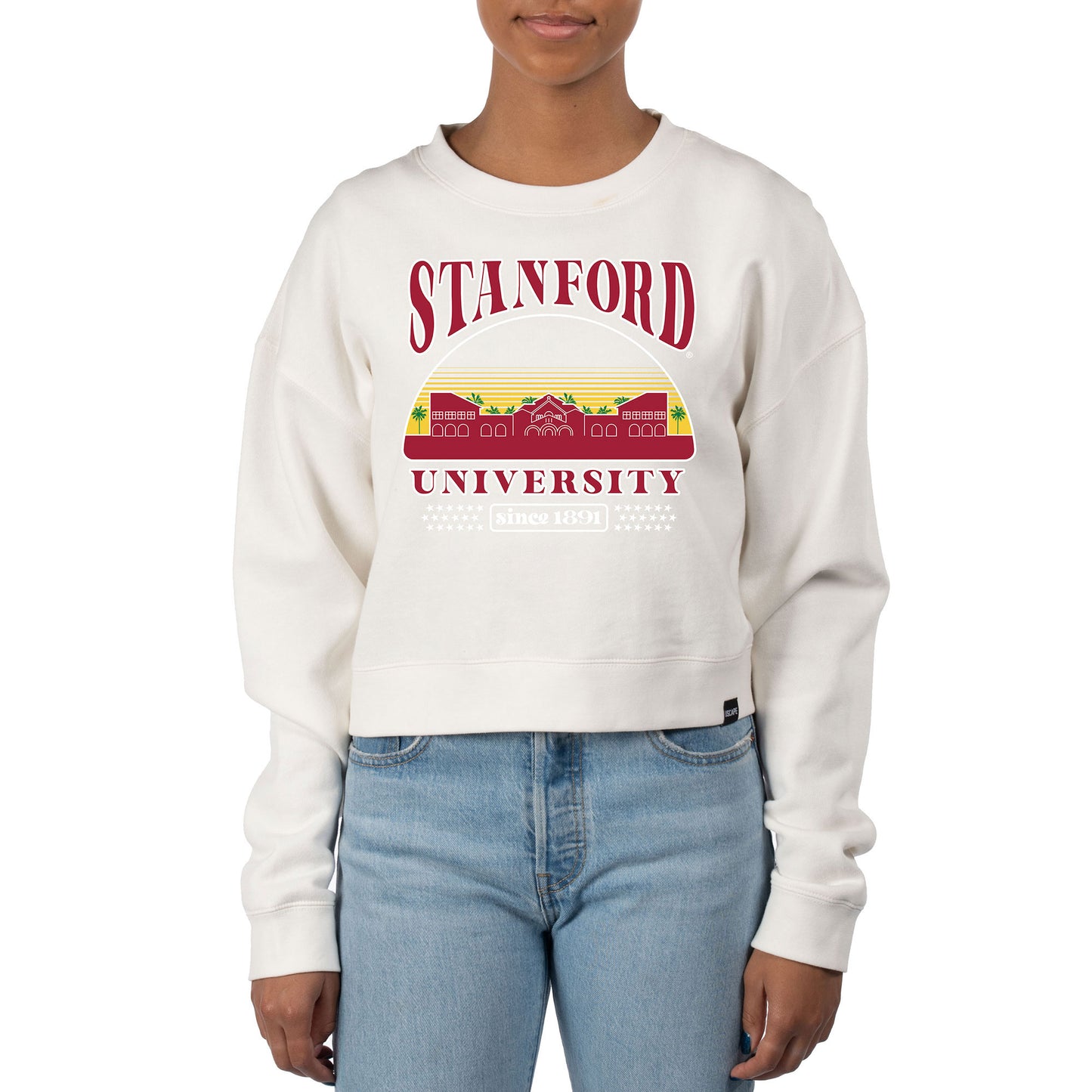 Women's Uscape Apparel Cream Stanford Cardinal Pigment Dyed Local Skyline Fleece Crop Crewneck Sweatshirt