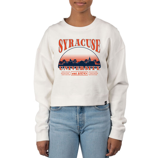 Women's Uscape Apparel Cream Syracuse Orange Pigment Dyed Local Skyline Fleece Crop Crewneck Sweatshirt