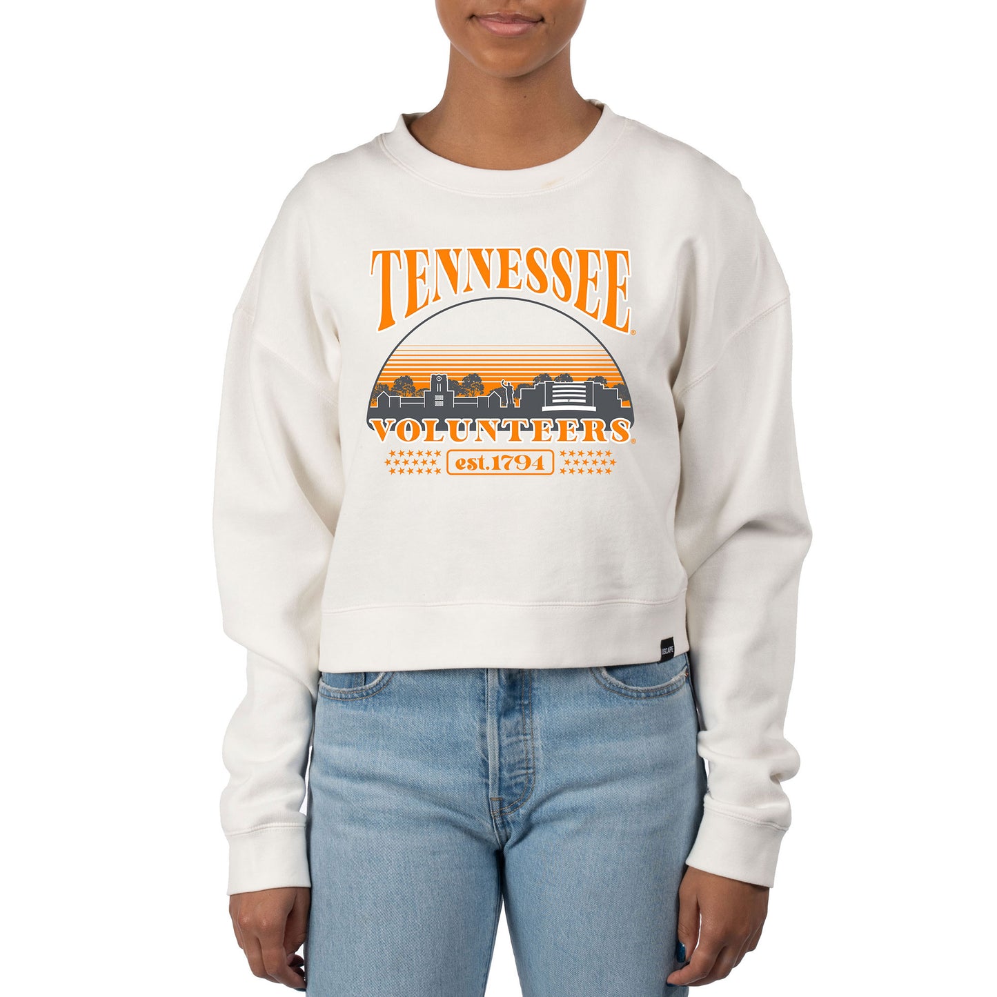 Women's Uscape Apparel Cream Tennessee Volunteers Pigment Dyed Local Skyline Fleece Crop Crewneck Sweatshirt