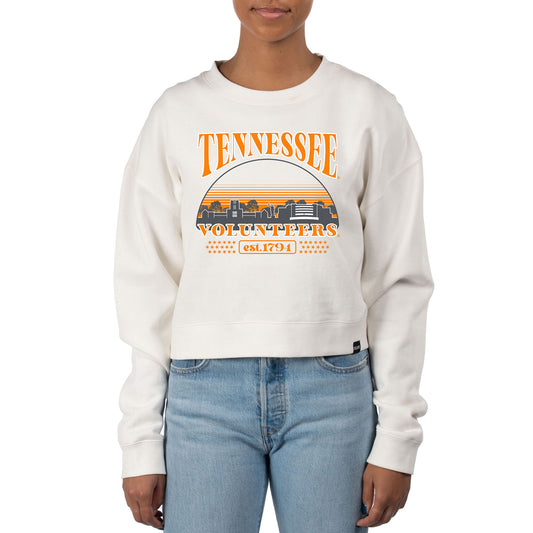 Women's Uscape Apparel Cream Tennessee Volunteers Pigment Dyed Local Skyline Fleece Crop Crewneck Sweatshirt