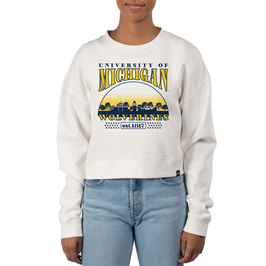 Women's Uscape Apparel Cream Michigan Wolverines Pigment Dyed Local Skyline Fleece Crop Crewneck Sweatshirt